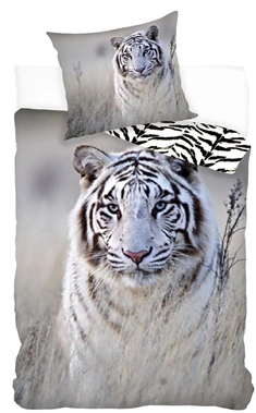 Sengetøj børn - 140x200 cm - Sengesæt med hvid tiger - Vendbar dynebetræk - 100% bomuld
